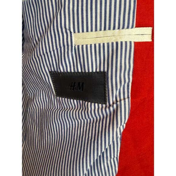 H&M‎ Women's Red Linen Cotton Blazer Blue Striped Lining 38 R (Medium) - Picture 5 of 11